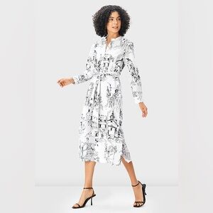 Tie Waist Cityscape Print Cotton Linen Vented Shirt Dress
